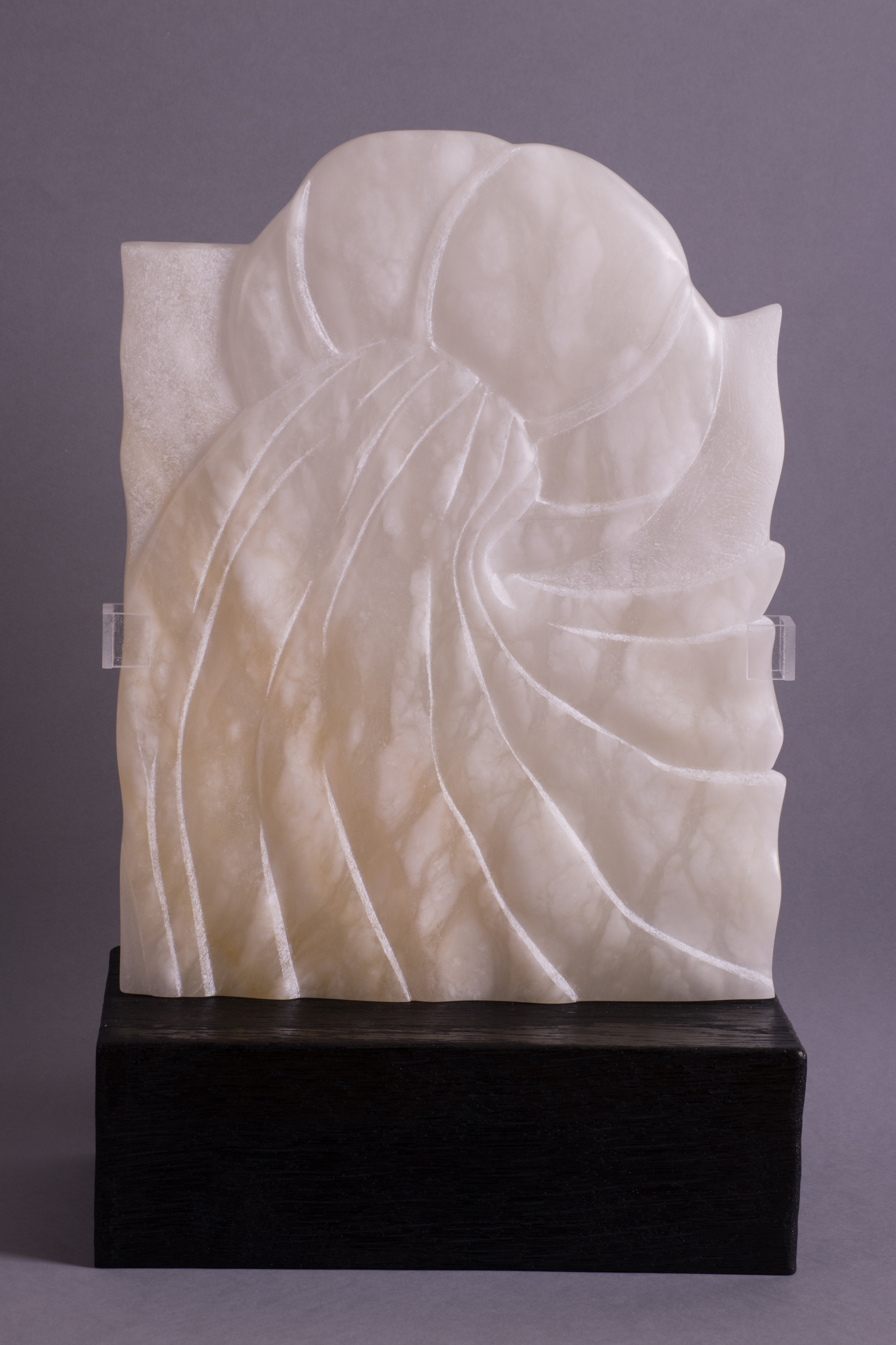 '"Into the Sweet Night" - Alabaster and charred wood plinth' by artist Ann Coomber